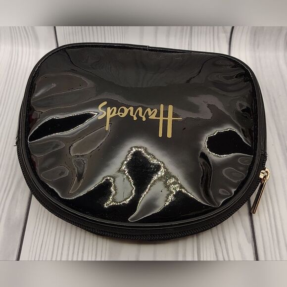 Harrods Glossy Black Patent Makeup Cosmetic Bag Case Gold Logo - Picture 6 of 14